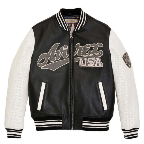 Avirex Black Script USA Varsity Leather Jacket ricos sports ricossports