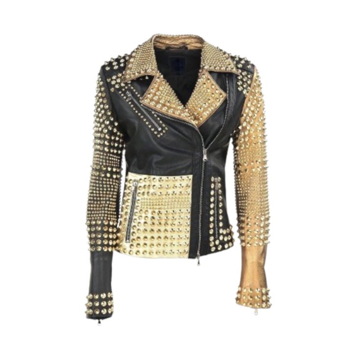 Handmade Women's Fashion Golden Studded Punk Style Leather Jacket Ricos sports