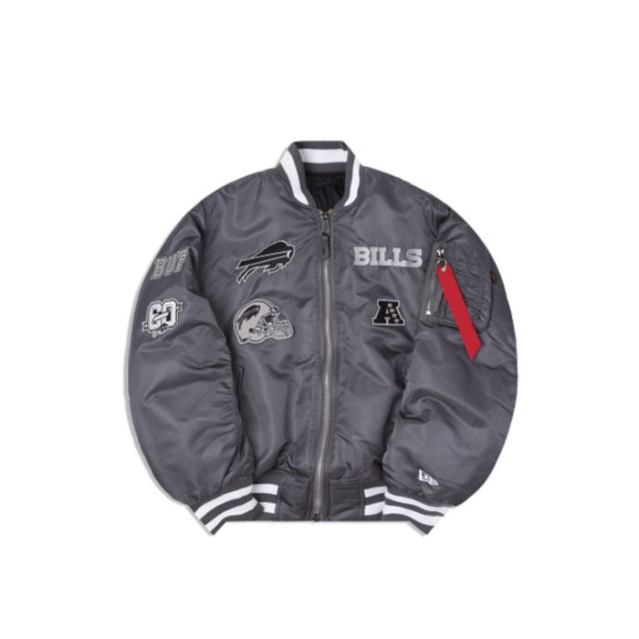 Buffalo Bills Grey Bomber Jacket with Iconic Patches BY RICOSSPORTS.COM