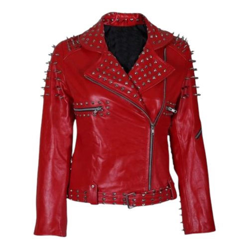 Women's Red Leather Jacket With Cone And Tree Spike Studs Ricos sports