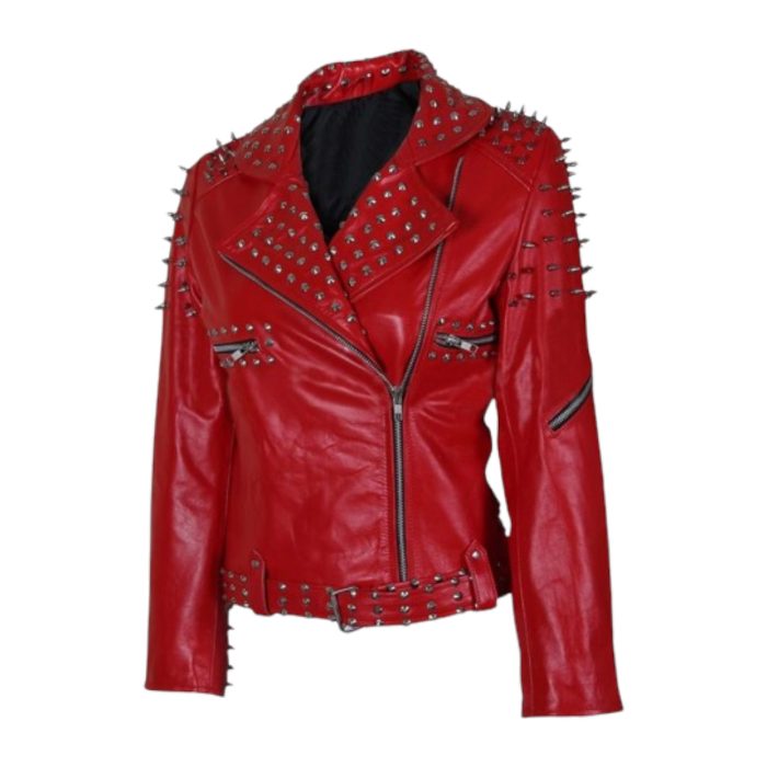 Women's Red Leather Jacket With Cone And Tree Spike Studs Ricos sports