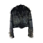 Women’s Black Fashion Long Studded Punk Style Leather Jacket by ricossports.com