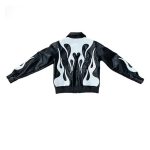 Men's Black Leather Racing Jacket with White Flame Design