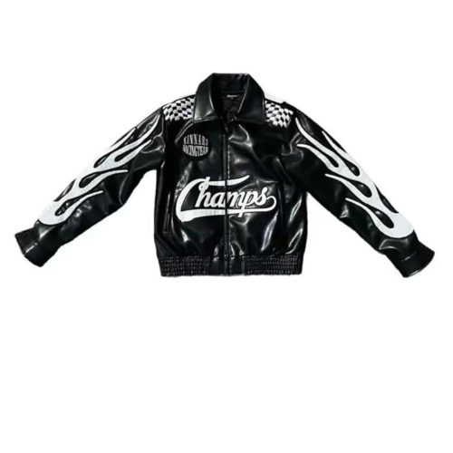 Men's Black Leather Racing Jacket with White Flame Design by ricossports.com